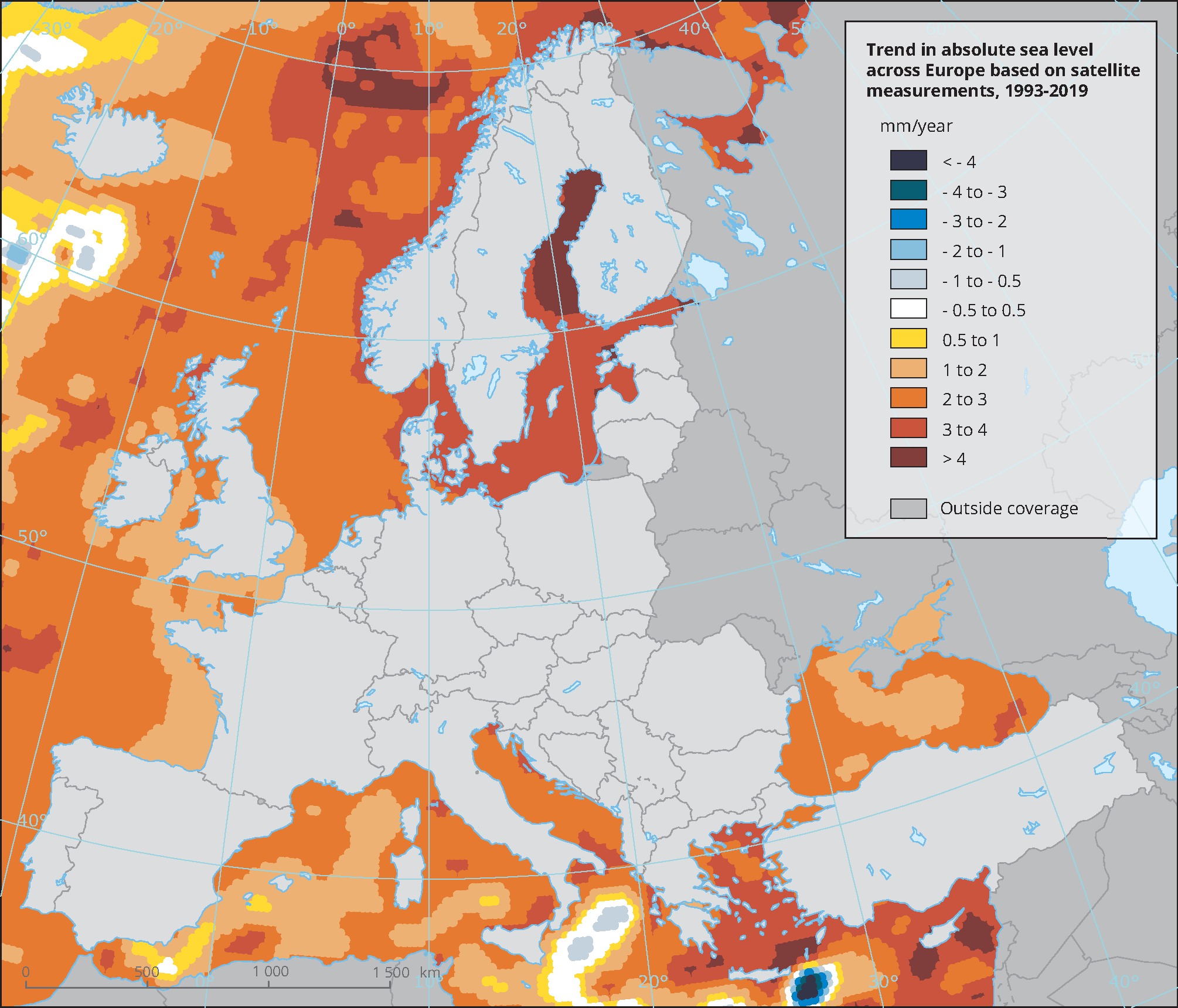 Trend in absolute sea level across Europe based on satellite measurements, 1993-2019