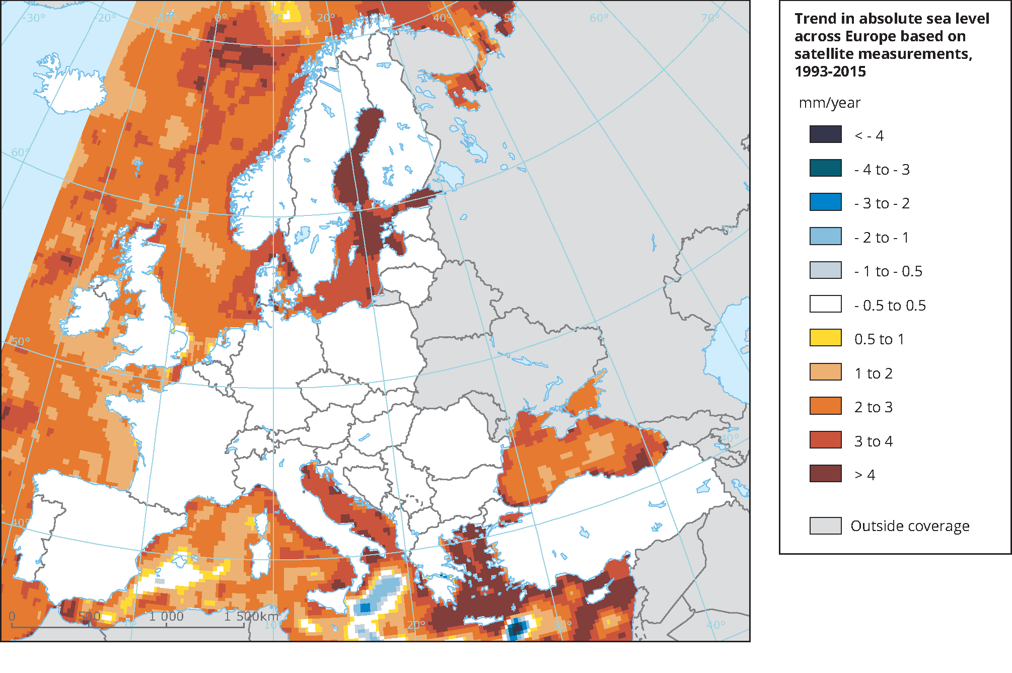 Trend in absolute sea level across Europe based on satellite measurements