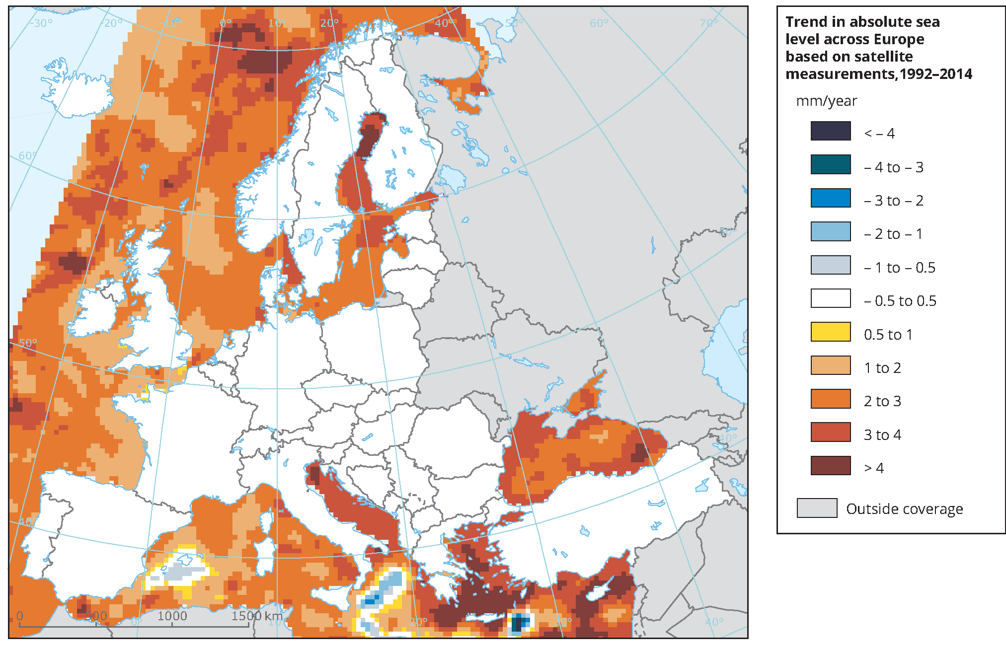 Trend in absolute sea level across Europe based on satellite measurements 
