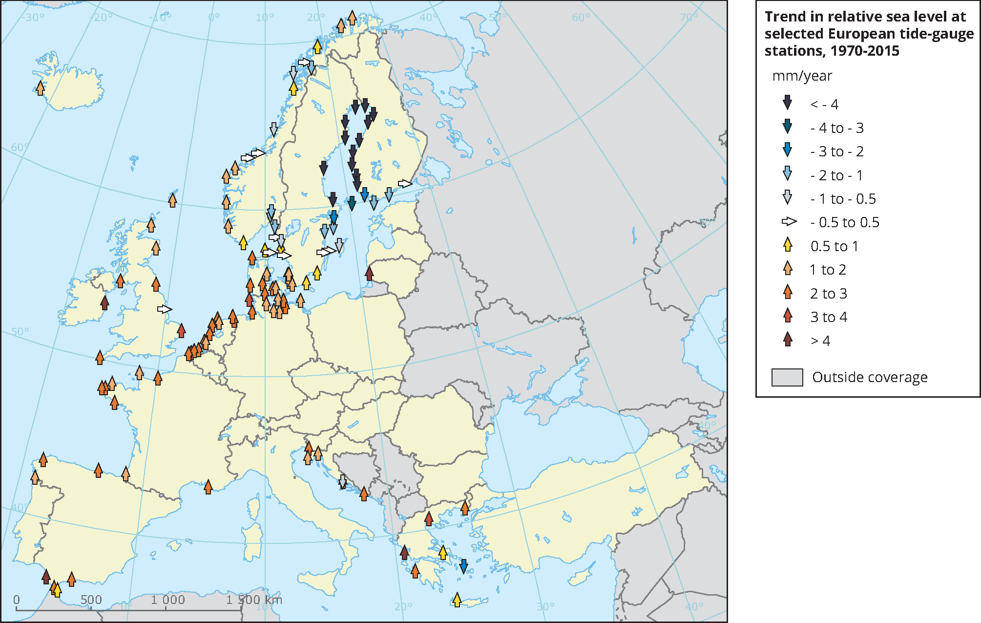 Trend in relative sea level at selected European tide gauge stations