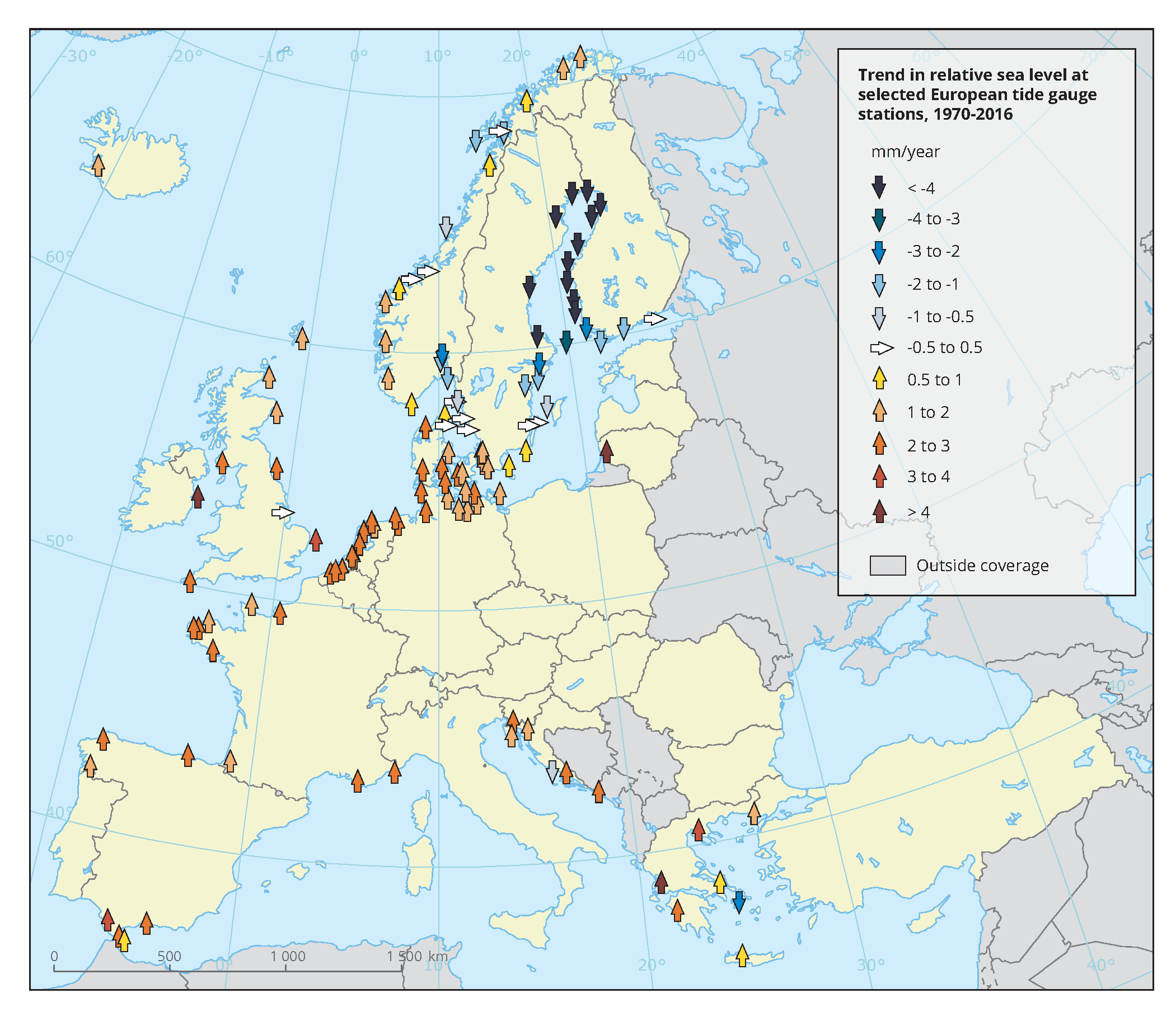 Trend in relative sea level at selected European tide gauge stations, 1970-2016