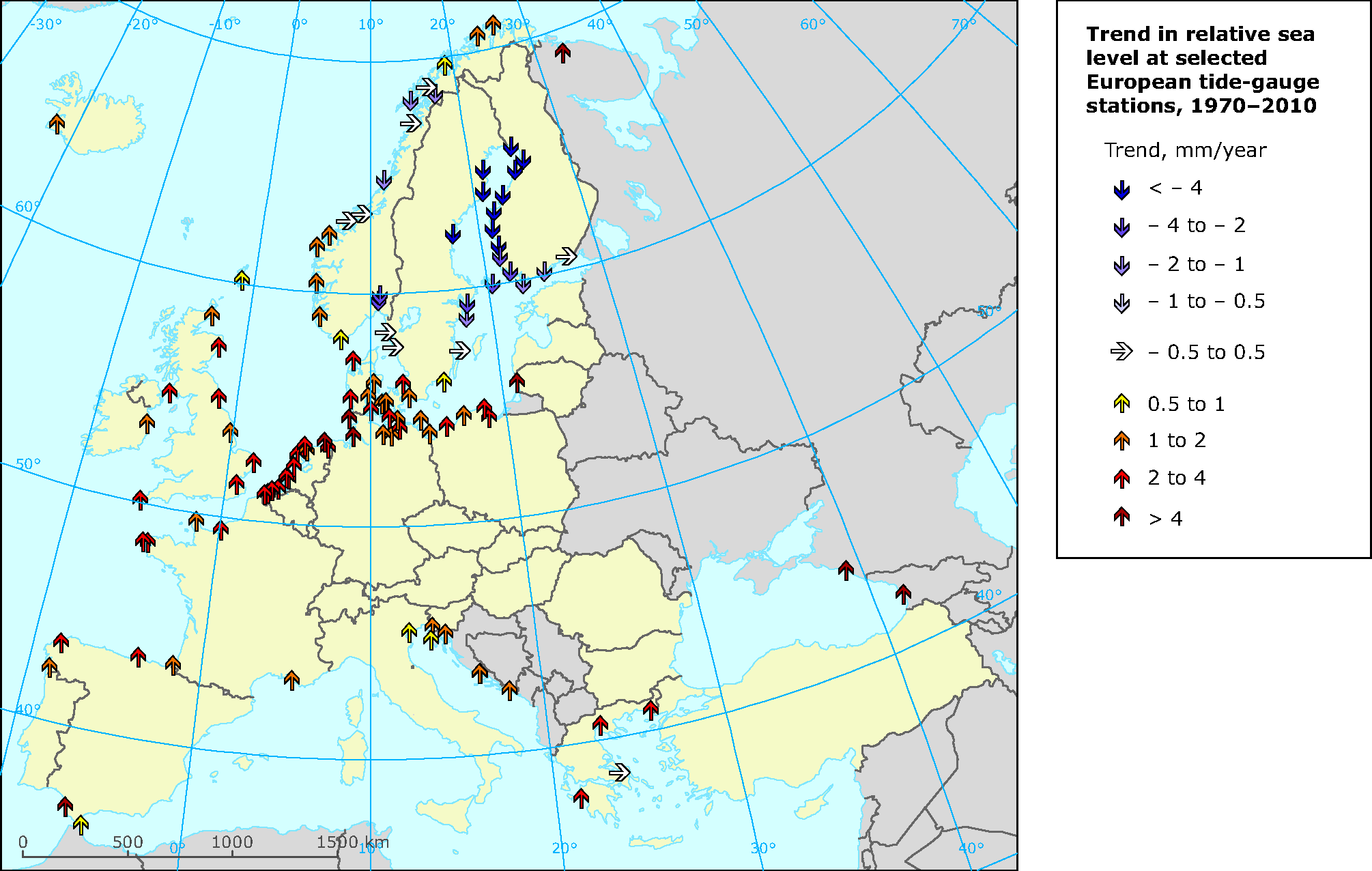 Trend in relative sea level at selected European tide gauge stations