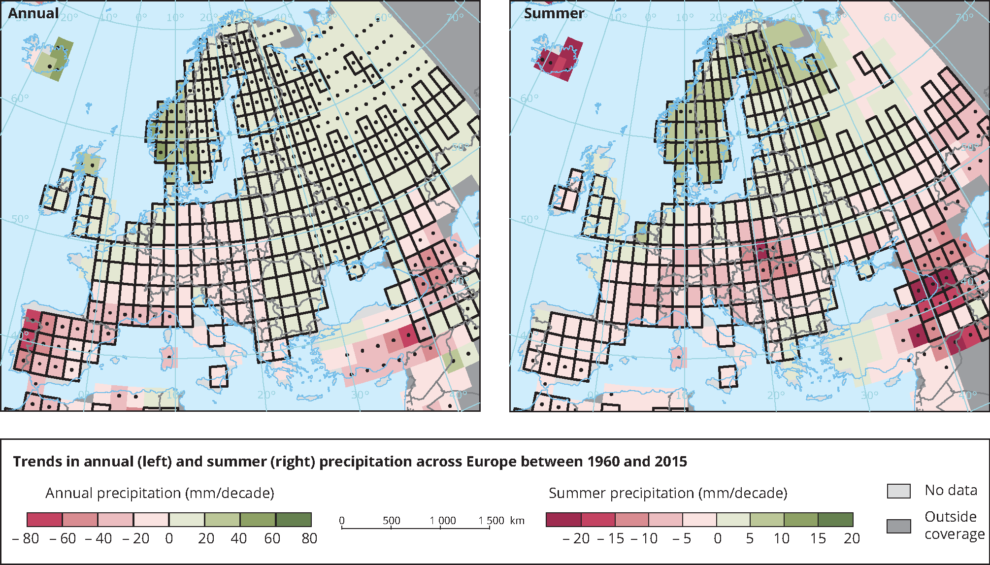 Trends in annual and summer precipitation across Europe between 1960 and 2015