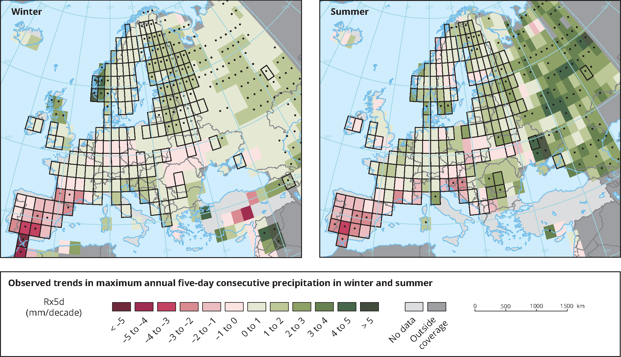 Observed trends in maximum annual five-day consecutive precipitation in winter and summer