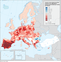 Trends in heat-related mortality incidence over 2000-2020 in Europe (annual deaths per million per decade)