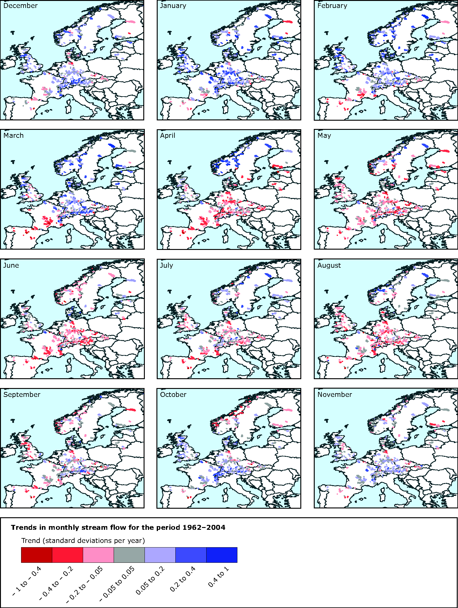 Trends in monthly stream flow for the period 1962-2004