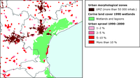 Urban sprawl 1990-2000 in the province of Venice using a 1 km x 1 km grid