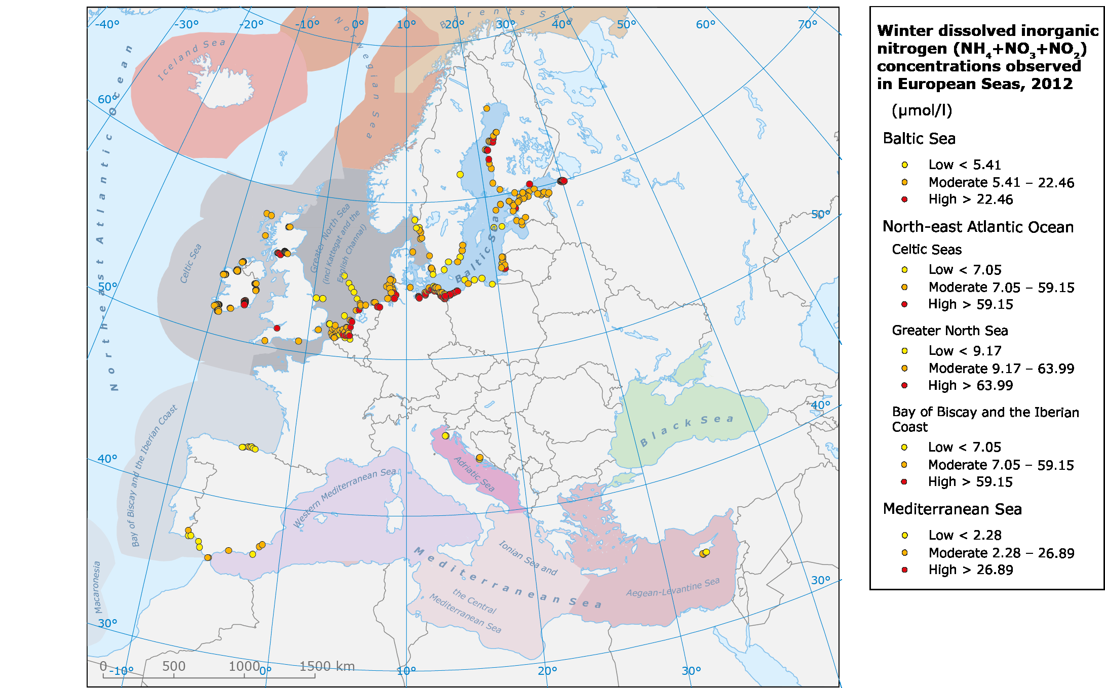 Dissolved inorganic nitrogen concentrations in European seas