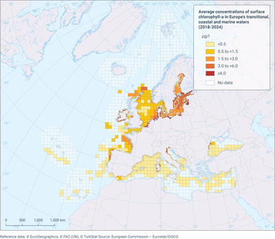 Average concentrations of surface chlorophyll-a in Europe's transitional, coastal and marine waters (2018-2024)