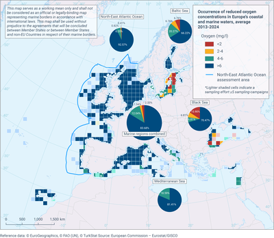 Occurrence of reduced oxygen concentrations in Europe's coastal and marine waters, average 2013-2024