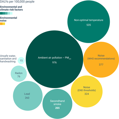 Annual DALYs per 100,000 people attributable to selected environmental risk factors, EEA-32 (excluding Türkiye)