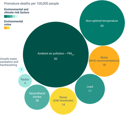 Annual premature deaths per 100,000 people attributable to selected environmental risk factors, EEA-32 (excluding Türkiye)