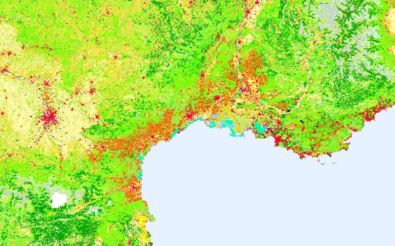 Copernicus land cover map showing land cover characteristics in southern France