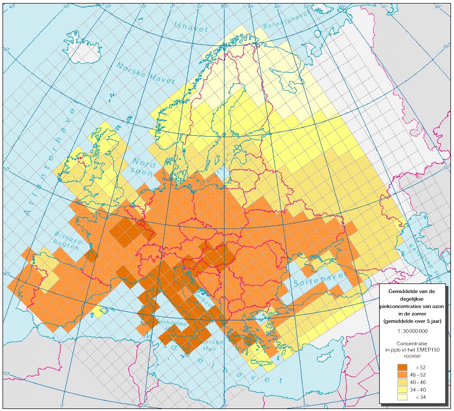 Dagelijkse piekconcentraties van ozon in de zomer