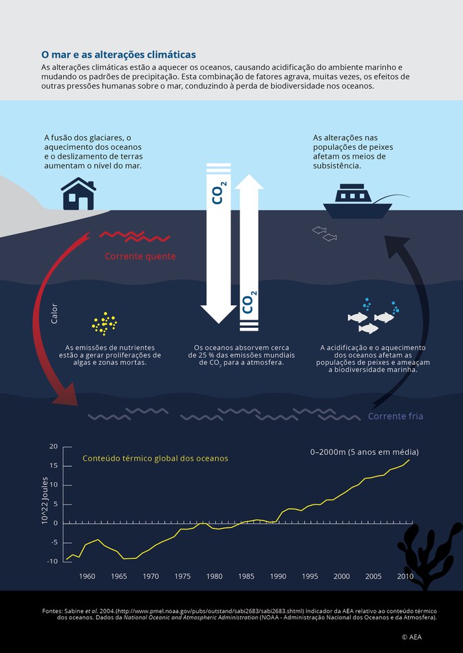 As alterações climáticas estão a aquecer os oceanos, causando acidificação do ambiente marinho e mudando os padrões de precipitação. Esta combinação de fatores agrava, muitas vezes, os efeitos de outras pressões humanas sobre o mar, conduzindo à perda de biodiversidade nos oceanos.