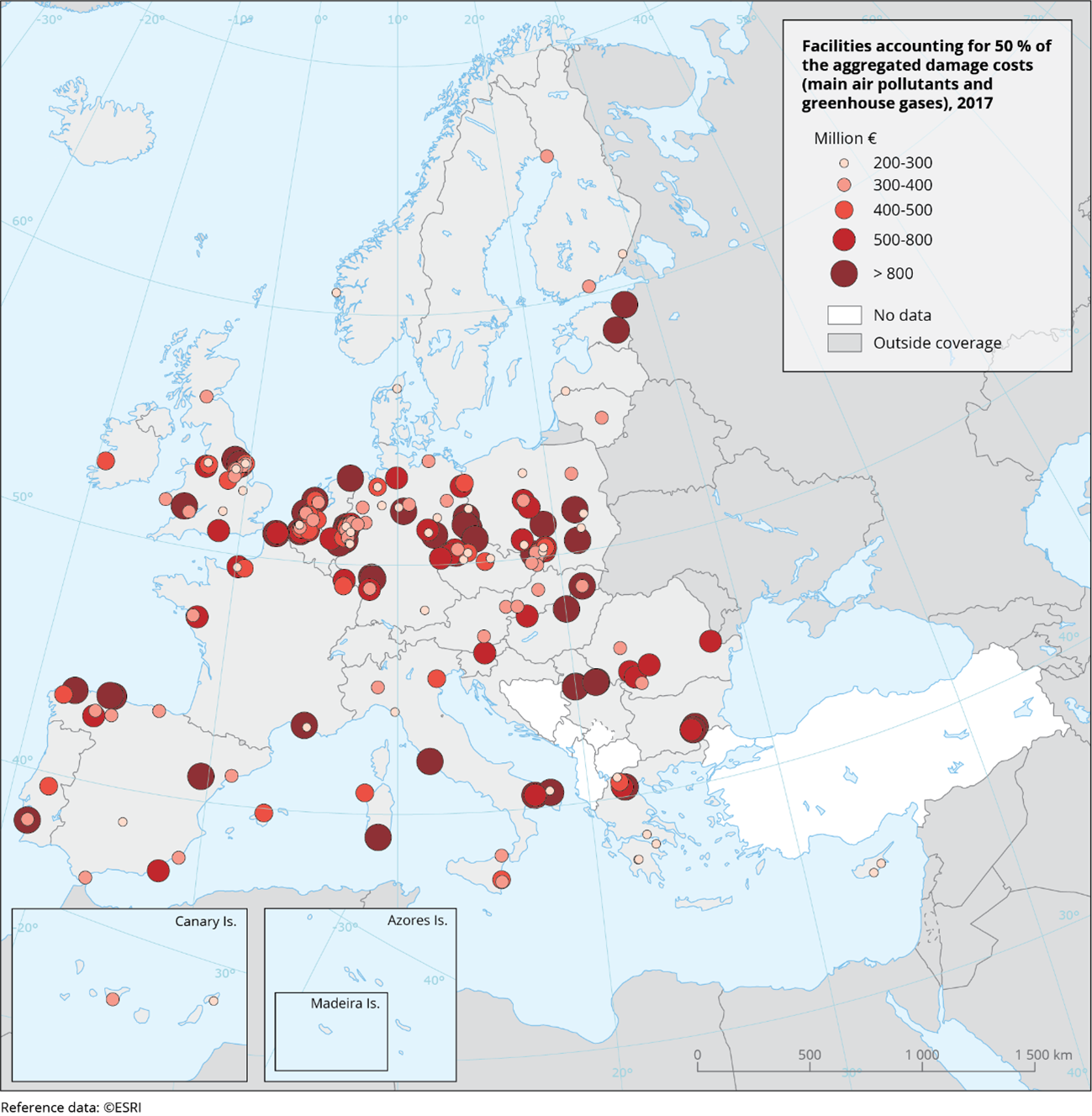 Localisation of the 211 facilities accounting for 50 % of the aggregate damage costs from main air pollutants and greenhouse gases (2017)