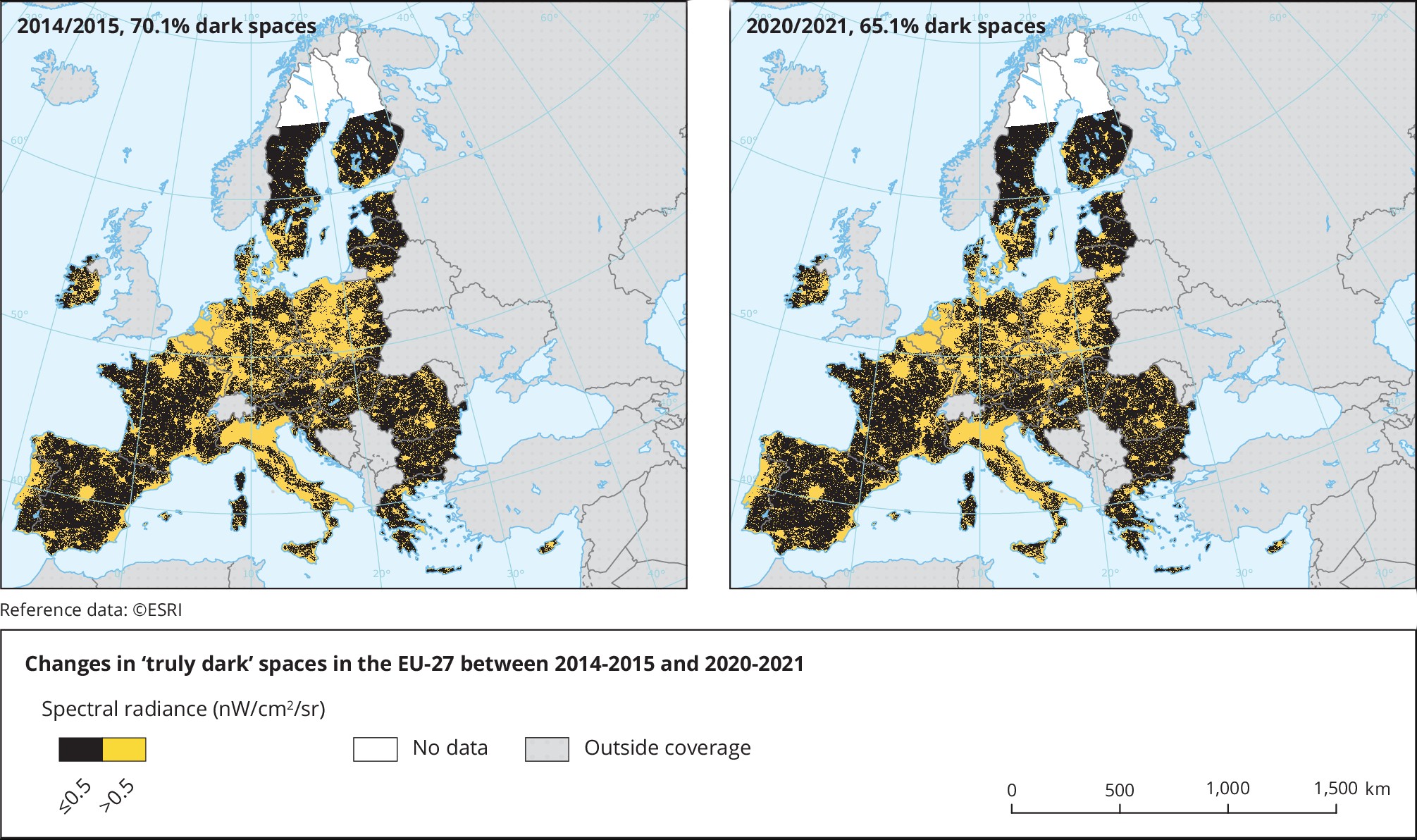 Map 1. Changes in ‘truly dark’ spaces in the EU-27 between 2014-2015 and 2020-2021