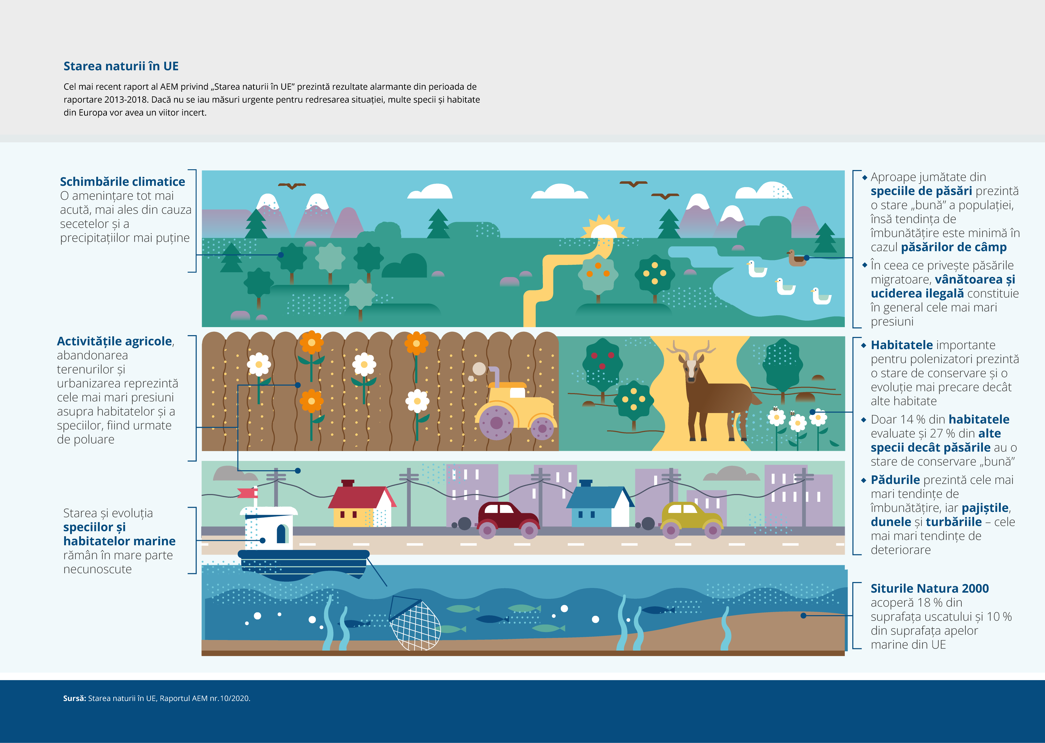 Cel mai recent raport al AEM privind „Starea naturii în UE” prezintă rezultate alarmante din perioada de 
raportare 2013-2018. Dacă nu se iau măsuri urgente pentru redresarea situației, multe specii și habitate 
din Europa vor avea un viitor incert.