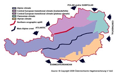 Figure 1: Climatic map of Austria (Copyright 2008 Österreichische Hagelversicherung V VaG, modified)