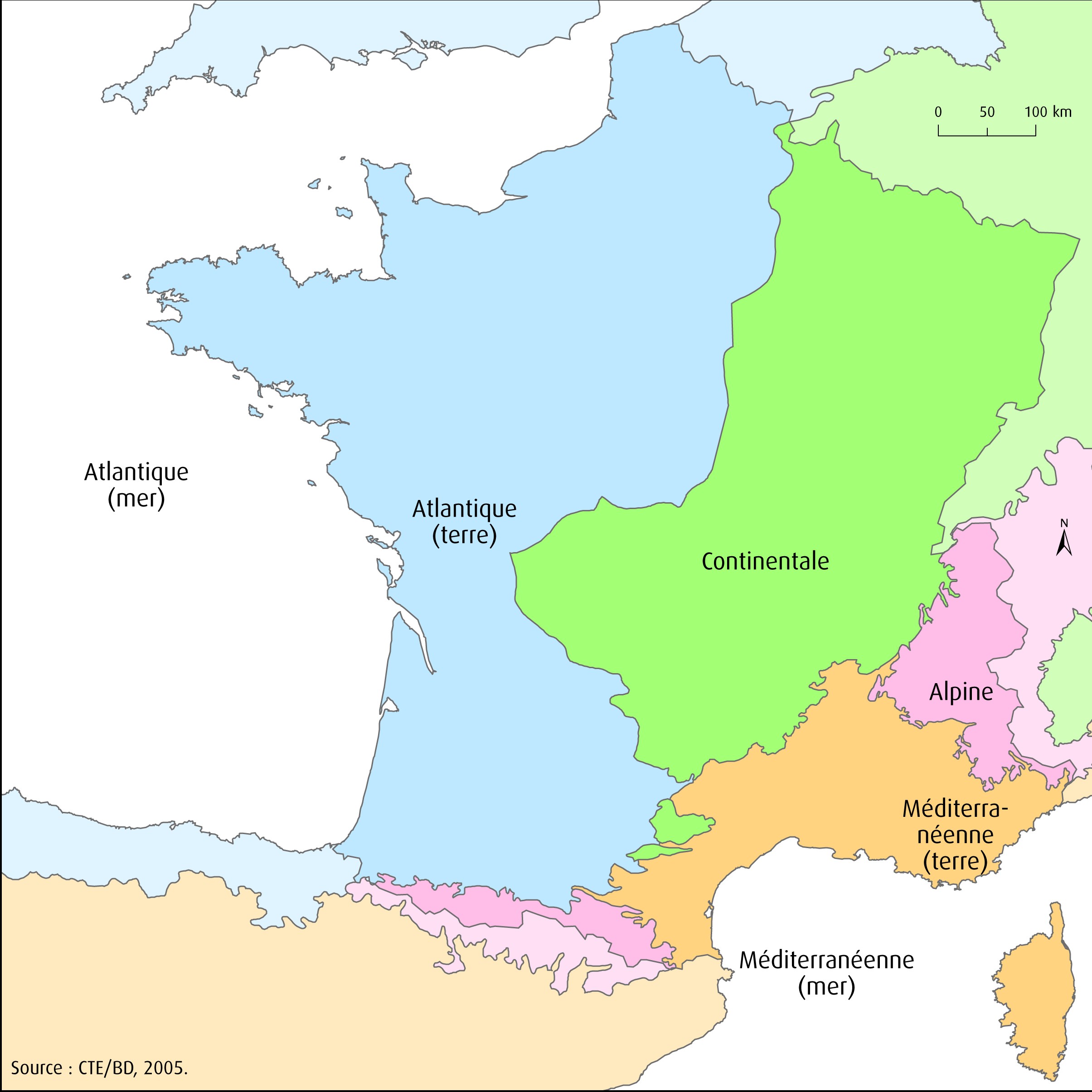 The four bio-geographical zones of the mainland territory.
