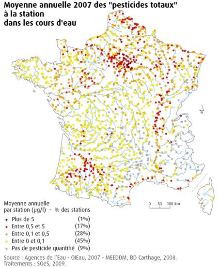 Annual average total concentration of pesticides in watercourses in 2007