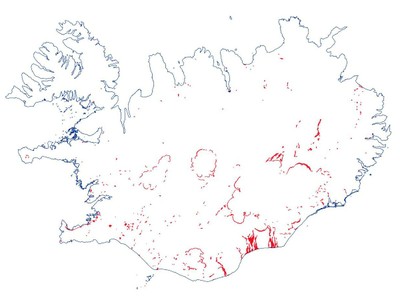 Figure 1. Spatial distribution of land-cover changes in Iceland between 2000 and 2006. The most obvious changes are due to melting (decrease) of the icecaps and spatial fluctuations of some of the glacial rivers