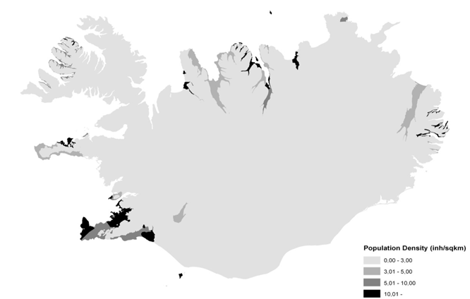 Figure 1. Regional distribution of population density in Iceland (mean: 3 inh/km2)