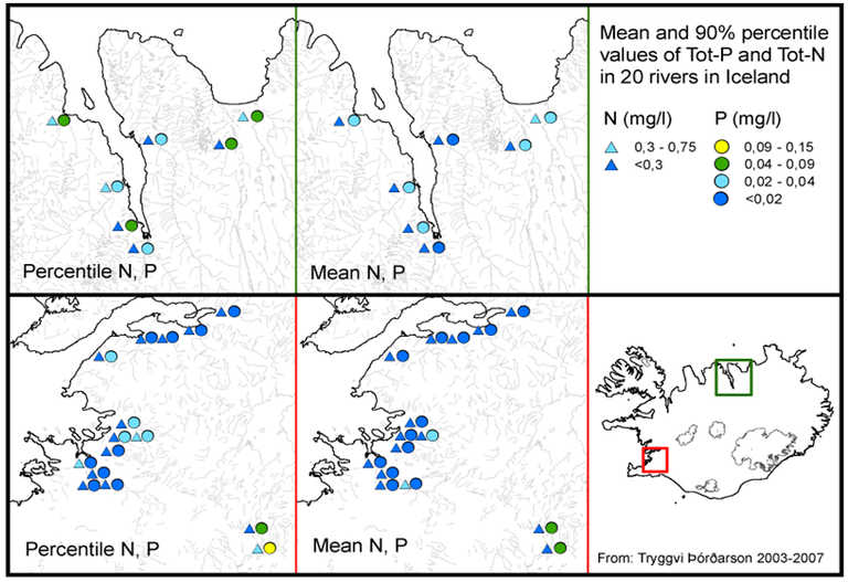 Figure 1. Mean and 90 percentile values (10 to 14 samplings) of Tot-P and Tot-N in 20 rivers in Iceland