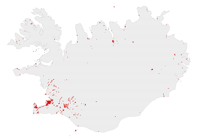 Figure 1.  Spatial distribution of man made (artificial) areas in Iceland 