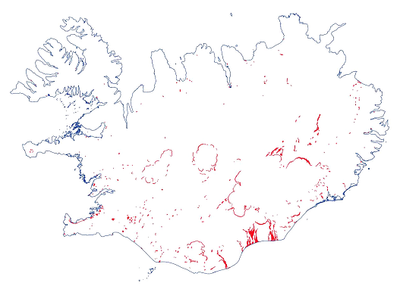 Figure 3. Spatial distribution of land cover changes in Iceland between 2000 and 2006. The most obvious changes are due to melting (decrease) of the icecaps and spatial fluctuations of some of the glacial rivers