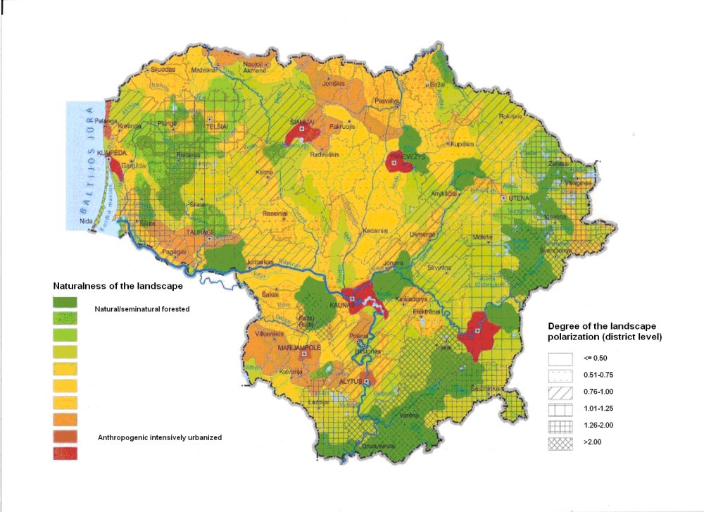 Fig. 2 . Naturalness of the Lithuanian landscape (acc. to P. Kavaliauskas) Source: Lithuania's Environment, State, Processes and Development. Environment Protection Agency (2008)