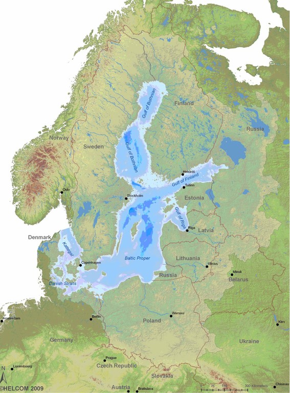 Figure 1: Map of the Baltic Sea region; the light green area represents the catchment area of the Baltic Sea