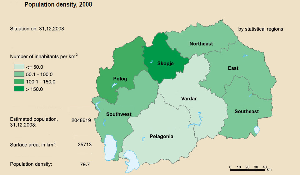 Map 3: Population density in 2008, by municipalities according to territorial organisation 2004