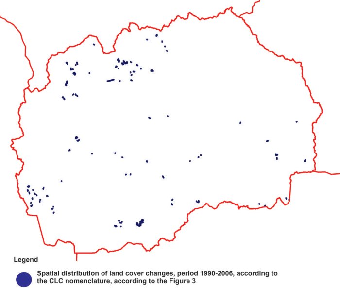 Map 1: Geographycal distribution of land cover changes, period 1990-2006, according to the CLC nomenclature
