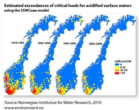 Estimated exceedances of critical loads for acidified surface waters