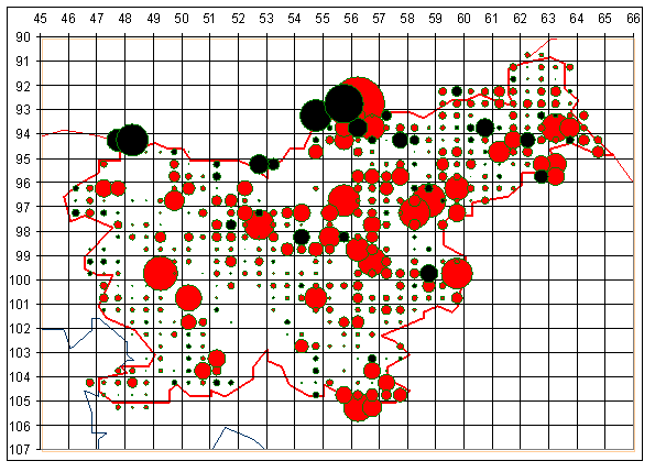 Figure 8: Change in the share of invasive species in flora sectors (35 km<sup>2</sup>) between 1987\u20131996 and 1997\u20132006 (red indicates increase, black decrease)
