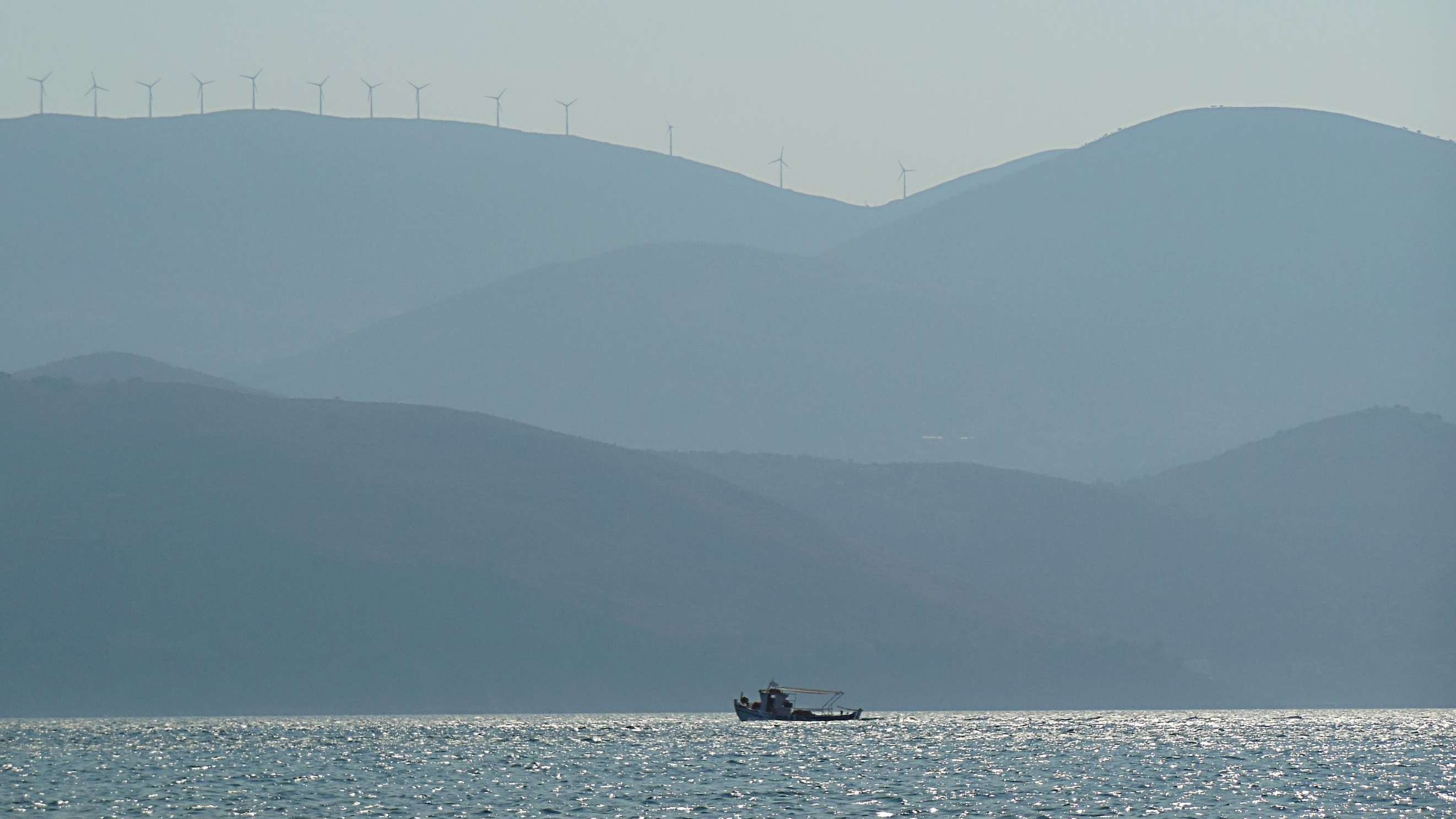 Wind turbines over the Lixouri bay