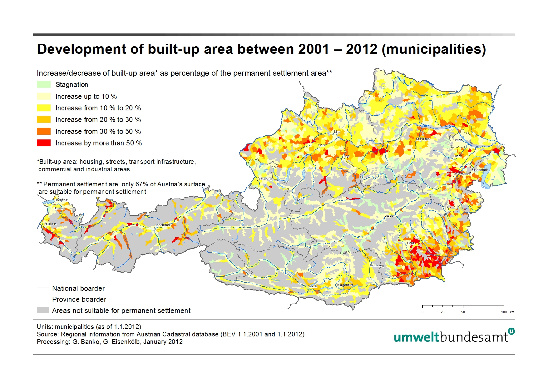 Development of built-up area between 2001-2012 (municipalities)