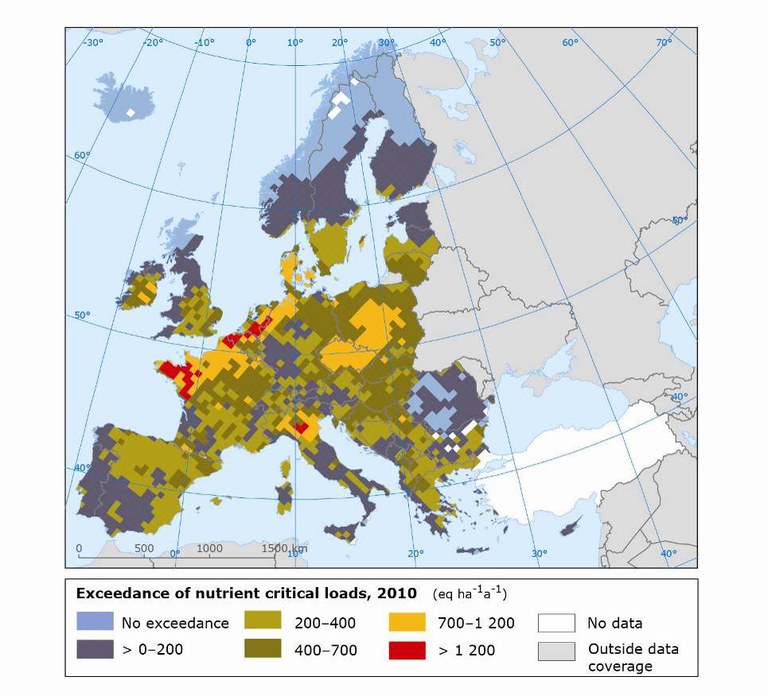 Exceedance of the critical nitrogen loads for eutrophication in Europe