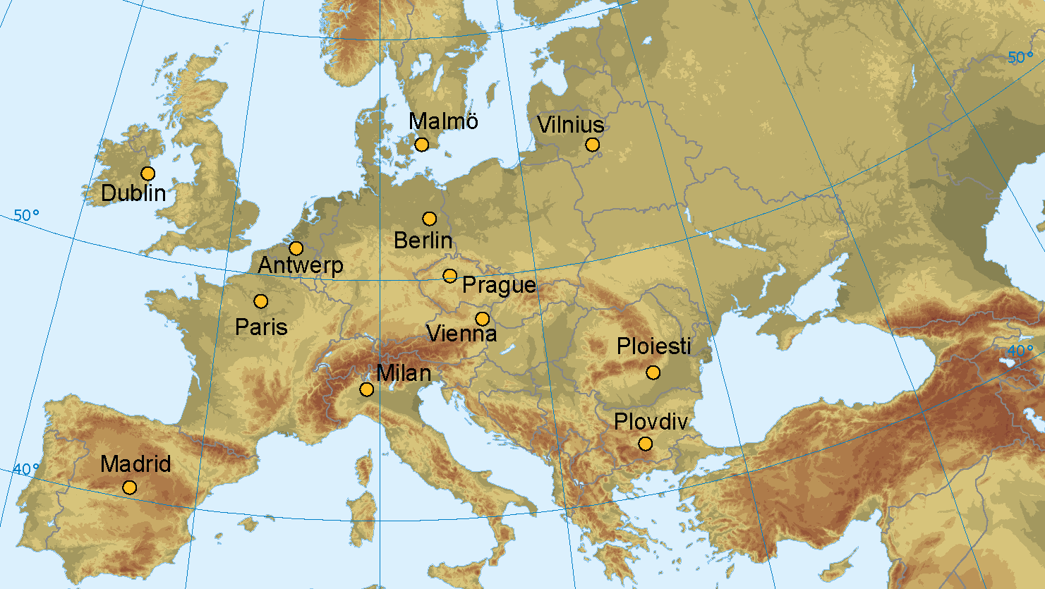 Eight cities were originally selected early in 2012 to take part in the Pilot: Berlin, Dublin, Madrid, Malmö, Milan, Ploiesti, Prague, and Vienna. At the end of 2012, it was decided to expand the urban sample by inviting up to four additional cities to take part in the Pilot to ensure a reasonably representative sample. Antwerp, Paris, Plovdiv and Vilnius were invited to join the project to better reflect geographical coverage, city size, and a variety of main pollution sources. In the map below, the 12 Pilot cities are shown. 