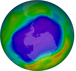 Illustration of the ozone depletion (blue colours) in the South hemisphere in 2006. Source: National Aeronautics and Space Administration (NASA) - Goddard Space Flight Center