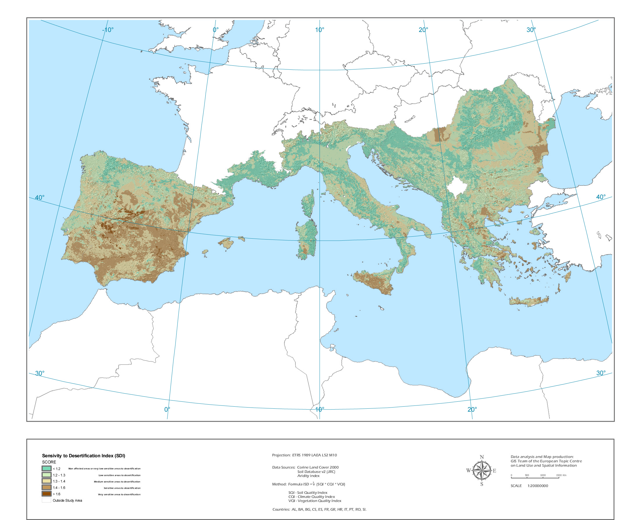 Map of sensitivity to desertification and drought in Southern Europe